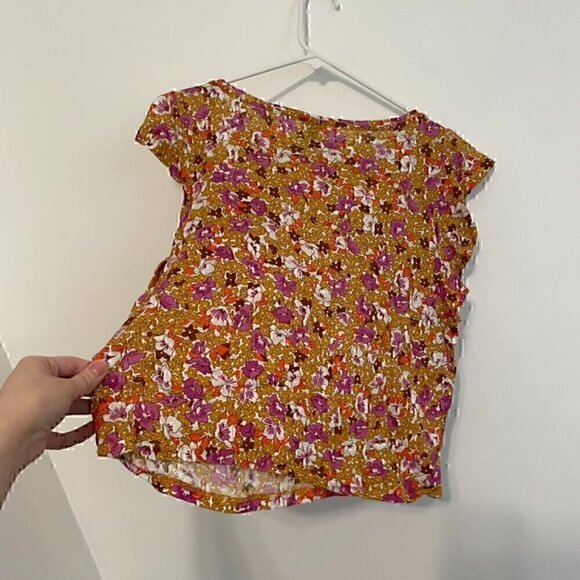 ANN TAYLOR Floral Linen Flutter Sleeve Tee White Mustard Pink Short Sleeve Top S - Picture 12 of 12
